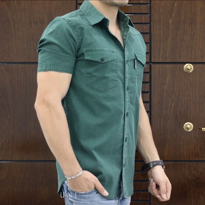 پیراهن کتان مردانه آستین کوتاه دوجیب- پارچه کتان ترک اورجینال (تولید شرکت L CON)